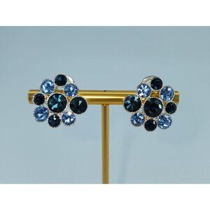 VTG Clip On Earrings Signed HMN‎ (Napier) Silver Tone Blue Rhinestone Cluster